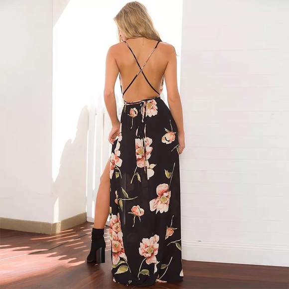 NEW Black Floral V-neck Crossback Strap Maxi Dress - Picture 3 of 8